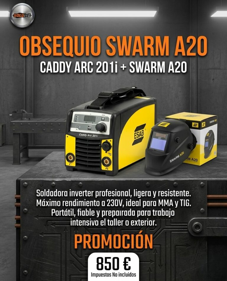 Promoción de equipamiento profesional de soldadura ESAB Caddy Arc 201i y pantalla Swarm A20 en SOLDI+D.