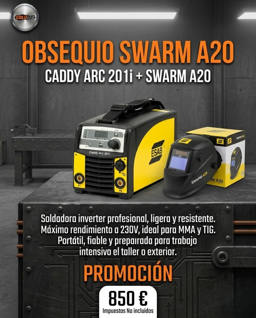 Promoción de equipamiento profesional de soldadura ESAB Caddy Arc 201i y pantalla Swarm A20 en SOLDI+D.